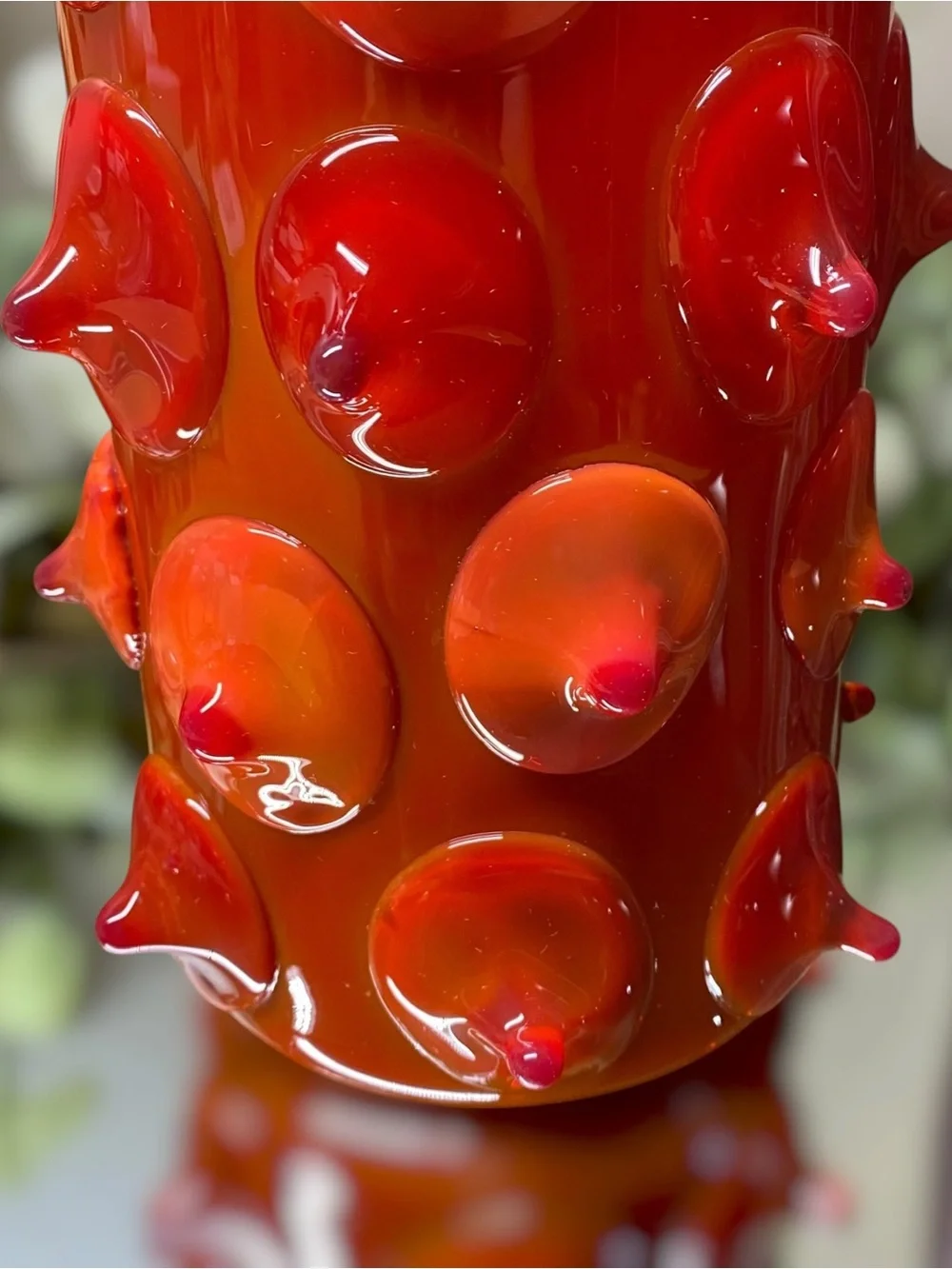 Vintage Large Applied Art Glass Vase Chunky 10 5/8” Tall Red Amberina Hand Blown